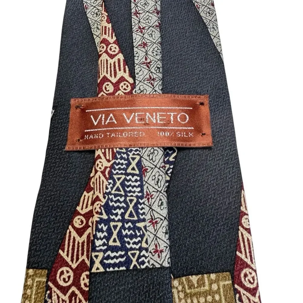 Via Veneto Hand Tailored 100% Silk Necktie Tie Patchwork Print